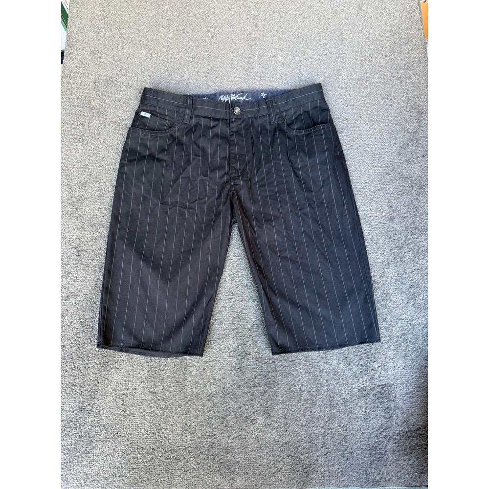 City Hunter Mens Pinstripe Shorts Black White Streetwear Baggy Size 34